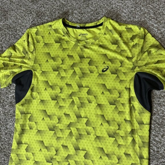 Asics Shirt Mens Large Neon Yellow Geometric Running Short Sleeve Mesh Athletic - Picture 2 of 8